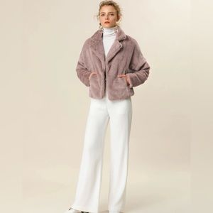 Allegra K Cropped Jacket Notch Lapel Faux Fur Fluffy Coat color: dust pink